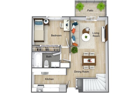 A floor plan of a house showing a bedroom, living room, dining room, kitchen, and bathroom.